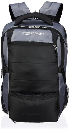 Amazon Basics 29 L Laptop Backpack for Men & Women | Spacious Front Pocket and Back Padding | For Travel, Outdoor, College | 34 L x 18 W x 45.5 H cm | Grey, Black