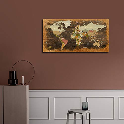 Wall Art For Living Room World Map Office Wall Art Vintage Wood Grain Retro Map Of The World Nautical Decor Modern Framed Art For Bedroom Home Decor #TOP3