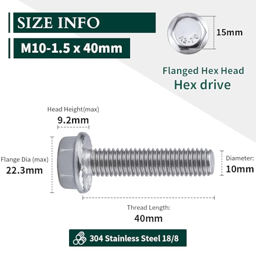 Image of M10-1.5 x 40mm Hex Flange Bolt (1.57 inch Thread Length), DIN6921, Serrated Locking Flange, 304 Stainless Steel, UNC Full Thread, 10-Pack