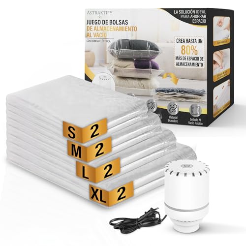 Astraktify© Bolsas Vacio, Bolsas de Vacío para Ropa con Bomba Eléctrica, 8 Bolsas Vacío Para Ropa, (2 extragrandes, 2 grandes, 2 medianas y 2 pequeñas), Mantas, Edredones, Colchas, Viajes