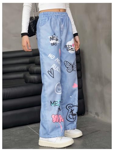 WDIRARA Girl's Cartoon Graphic Baggy Jeans Cute Elastic Waist Wide Leg Denim Pants3