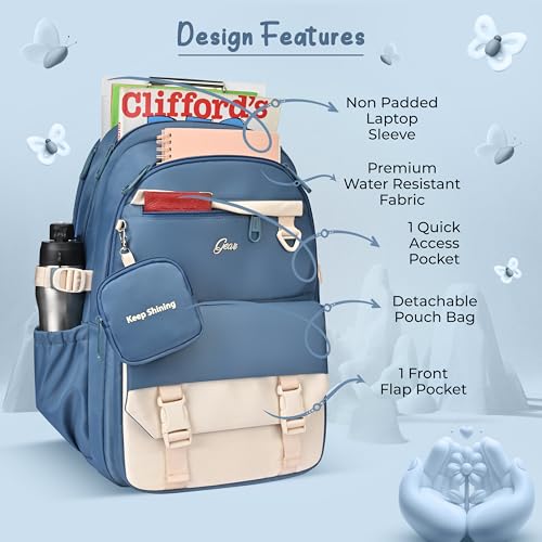 Image of Gear Grace 19 inch /40L Large Water Resistant School Bag | Casual Backpack | Daypack | Travel Backpack | Kids Bag for Boys /Girls (Blue - Cream)
