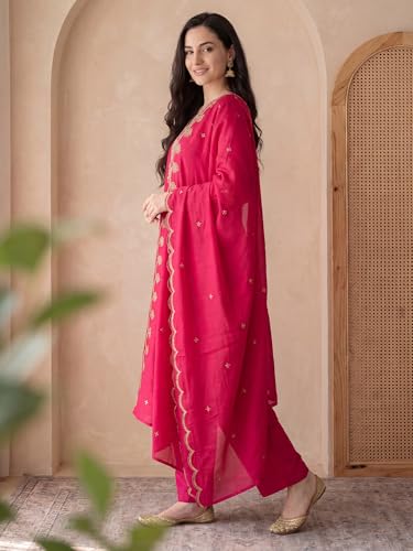 Image of INDO ERA Women's Black Silk Blend Embroidered Mirror Work Kurta & Pant with Dupatta Set (IEDDAI484)