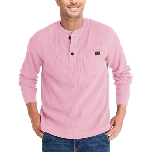ZITY Long Sleeve Henley Shirts for Men Casual Waffle Thermal Fashion Pullover 3-Button T-Shirt with Pocket Medium Z-pink