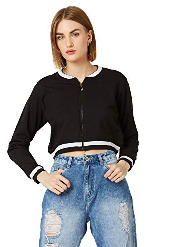 Image of Miss Chase Women's Off White V-Neck Full Sleeves Bomber Cropped Jacket