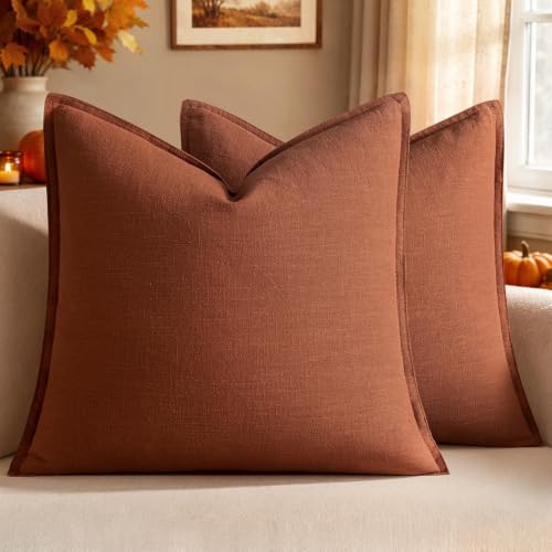 Woaboy Set of 2 Linen Solid Fall Throw Pillow Covers 18x18 Inch, Rust