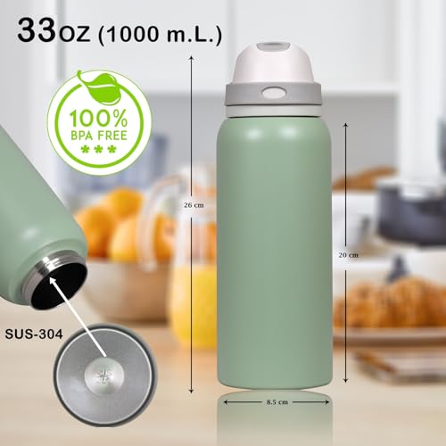 Image of FreeSip Gym Water Bottle with Straw & Chug Lid - Leak Proof Push Button Opening, BPA Free, Large Capacity Sports Bottle with Carry Handle (Avacado 33 OZ, 1000 ml)