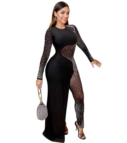 Image of Jigfar Women Sexy Embellished Rhinestone Bodycon Jumpsuit Mesh See Through Patchwork Birthday Party Night Out Clubwear
