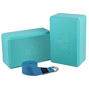 Clever Yoga Blocks 2 Pack with Strap – Extra Light Weight Sweat Repelling Foam Yoga Block Set with Cotton 8ft Yoga Stretch Strap – Yoga Block and Strap Set Kit for Beginner to Pro – Exercise Accessories for Stretching, Balance and Strength