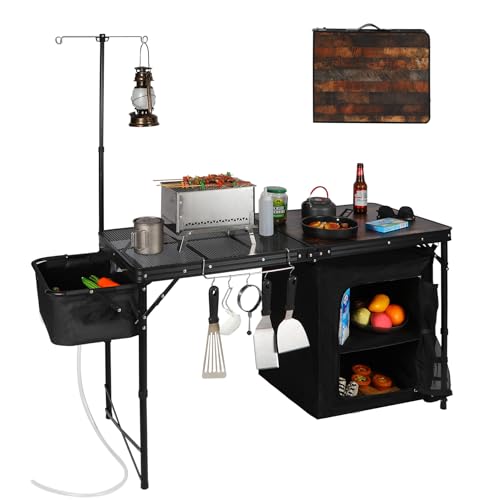 REDCAMP Portable Camping Kitchen Table with Sink, 4ft Folding Camping Grill Table with Storage Organizer and Telescoping Light Stand, Outdoor Cooking Station for BBQ, Party and Picnic