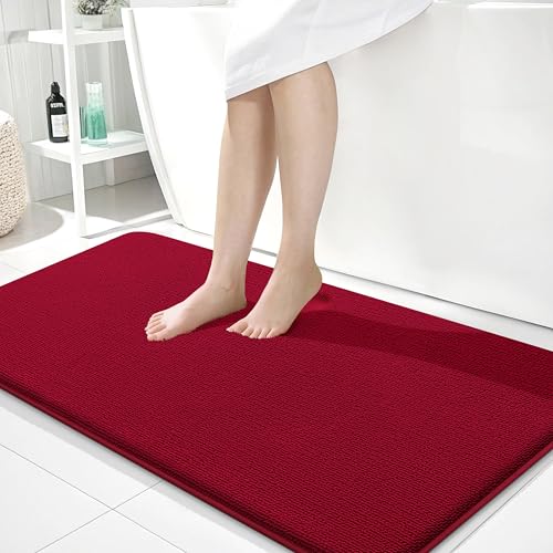 Image of OLANLY Thick Memory Foam Bathroom Runner Rugs 44x24, Extra Soft Absorbent Long Bath Rug, Quick Dry Bath Mats, Non-Slip, Machine Washable Mat for Bathroom, Tub and Shower, Home Decor Accessories, Red