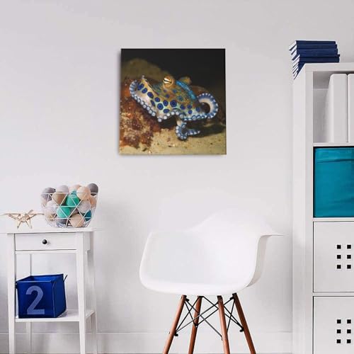 Toile pieuvre anneau bleu prête à accrocher - Tableau carré moderne encadré