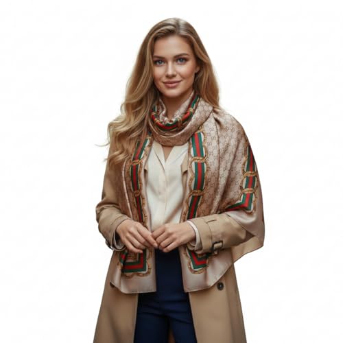 Image of Premium Silk Stole for Women | Lightweight Printed Silk Scarf & Hijab | Elegant Party (72 x 36 Inch) (Beige with Chain Style)
