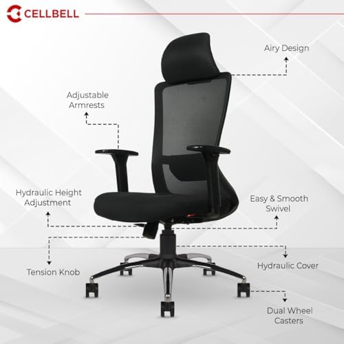 Image of CELLBELL Rio Office Chair High Back Mesh Ergonomic Backrest Design with Tilt Mechanism, Computer, Desk Chair, Work from Home Chair with Built-in Lumbar Support & Armrest Smooth Glide, Black