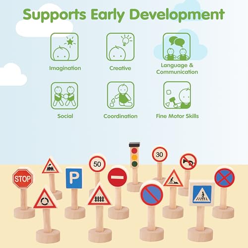 Image of PlanToys Traffic Signs & Lights Wooden Montessori Imaginative Kids Play Set