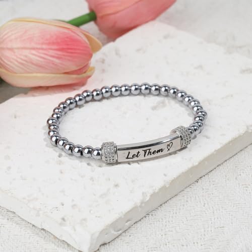 Let Them Diamond Beaded Stretch Bracelet Dainty Self Worth Motivational Stainless Steel Engraving Bracelets Crystal Energy Friendship Bracelet Jewelry Gifts for Women Men4