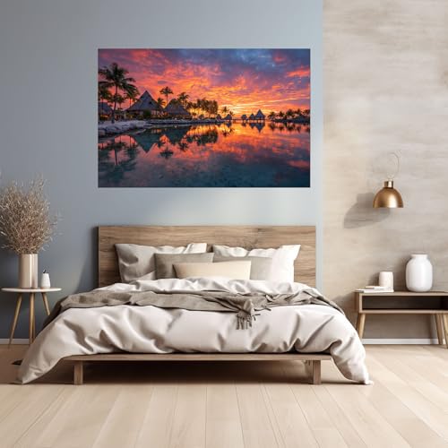 Impression sur toile coucher de soleil ville balnéaire posters salon orange