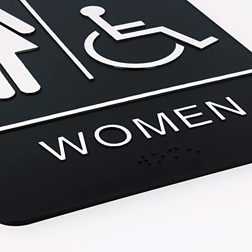 excelmark restroom sign for business - ada compliant braille bathroom sign with double sided tape to secure perfectly in less than a minute - size 9 x 6 inch men39s amp women39s handicap set