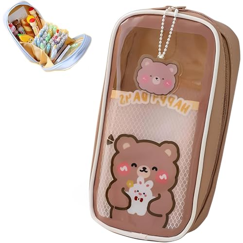 MORJCG Cute Pencil Case, Pencil Case Aesthetic, Aesthetic Pencil Case, Pencil Case for Girls Secondary School, Portable Large Capacity Pen Pencil Pouch Durable Bag for School (Brown Bear)