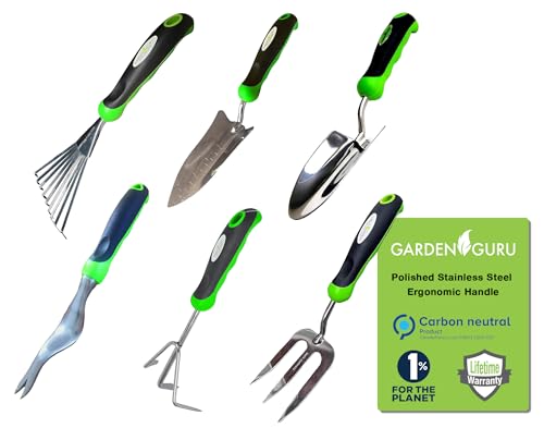 Garden Guru Garden Tool Set 6pc Hand Trowel Transplanter Weeder Fork Rake Cultivator – Heavy Duty Stainless Steel - Ergonomic Comfort Grip Handle – Perfect Gardening Tool Kit Gifts for Women and Men