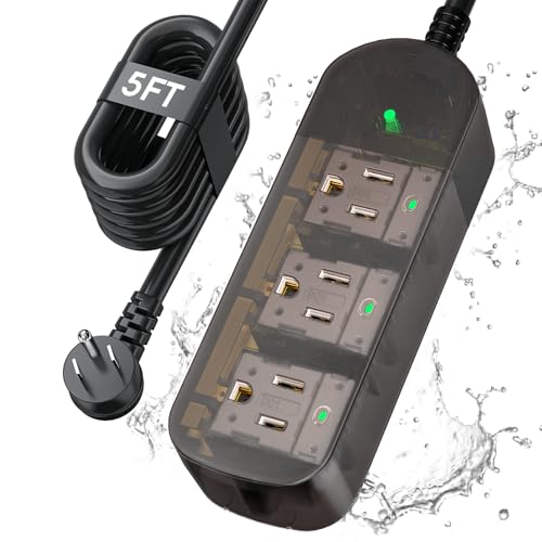 Outdoor Power Strip Weatherproof, Transparent IPX6 Waterproof Surge Protector with 3 Wide Outlets,...