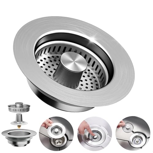3-in-1 Kitchen Sink Drain Strainer - Pop Up Sink Stopper Stainless Steel Sink Drain Strainer Kitchen Sink Stopper & Drain Plug with Anti-Clogging Basket Sink Strainer Fits US Standard 3-1/2 Drains