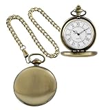Alwesam Bronze Smooth Quartz Pocket Watches Round Roman Numbers with 37CM Chain Best Gifts for Men Women