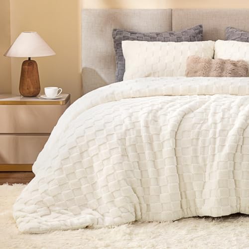 Bedelite BEUSB2D1W1KI Fluffy Comforter Set King- Super Soft Warm Sherpa Comforter Cream White, Jacquard Checkered Fleece Bedding thumb #1