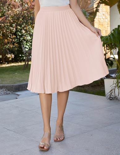 Image of GRACE KARIN Pleated Midi Skirt for Women,Chiffon Elastic High Waist Knee Length Skirts,Swing Flare A-Line Outfits