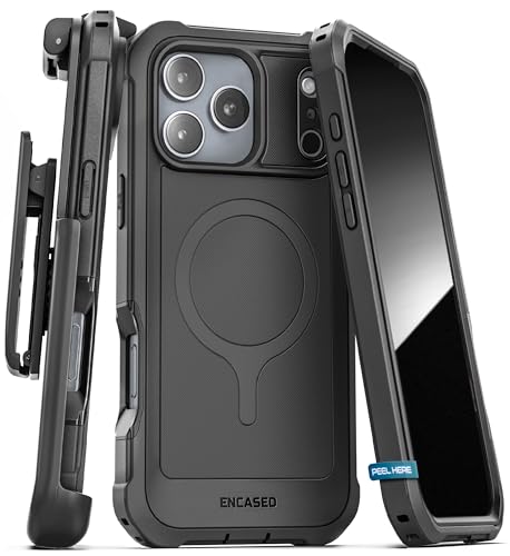 Encased Rugged Case for iPhone 17 Pro with Belt Clip and Built-in Screen Protector (Falcon Series) Full-Body Case with Phone Holster, Compatible with MagSafe (Black)