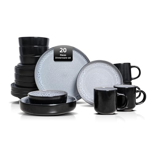 HomeVSS Ensemble de vaisselle 20 pièces - Pour 4 personnes, ensemble d'assiettes et de bols à glaçure réactive Bubble Frost | Ensemble de vaisselle allant...