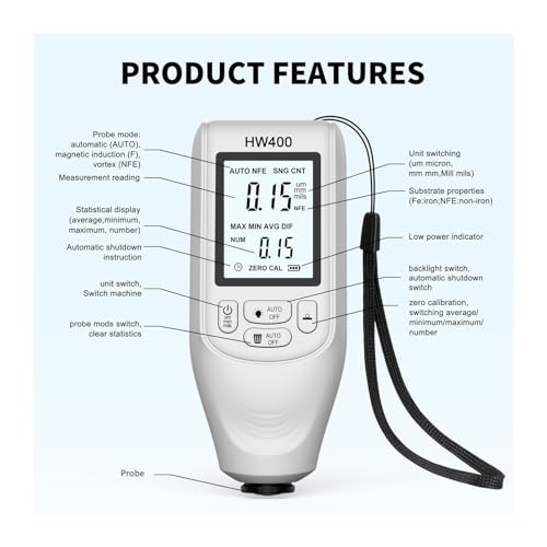 Medidor de grosor de recubrimiento HW400, 0-2000μm, pantalla LCD miniatura 2