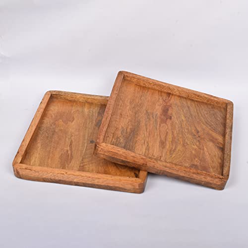 Samhita 2 Pcs Decorative Mango Wood Square Platter Food Serving Saucer, Tea, Fruit - Perfect For Dinners & Parties (8" X 8" X 0.75") (Set Of 2) #TOP2