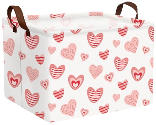 Image of Valentines Day Basket Large Foldable Heart Shaped Storage Box for Gifts Kids Empty Storage Bins Rectangular Toy Organizer Decor (Pink Fingerprint Love)