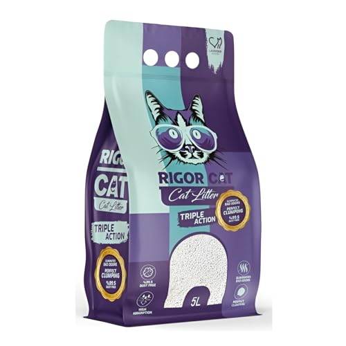 Rigor Cat Lavender Scented Clumping Cat Litter 100% Natural White Bentonite High Absorption & Odor Control Low Dust 5 Litre