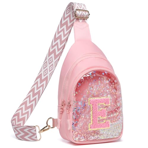 I IHAYNER Clear Initial Sling Bag for Gilrs Crossbody Bag Waist Pack Personalized Gifts for 4 5 6 7 8 9 10 11 12 13 Year Old Girls Purse for Birthday Mothers Day Gifts for Daughter Sister Pink-E