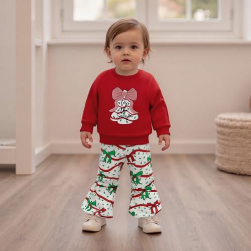 Toddler Girl Christmas Outfit Embroidery Bow Christmas Tree Shirt Flare Pant Christmas Clothes 12M 18M 2T 3T 4T 5T2