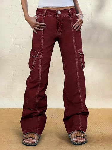 Flamingals Women Solid Flap Pocket Mid Rise Straight Leg Cargo Pants Vintage Stretch Cotton All Season Long Pants2
