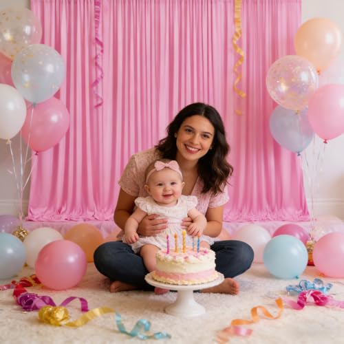 Image of 10ft x 10ft Pink Backdrop Curtains for Parties, Polyester Fabric Backdrop Drapes with Rod Pockets for Weddings, Birthday, Photography, Mother's Day, Graduation Party Background Curtain, 2 Panels