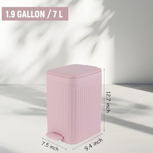 Image of rejomiik Small Bathroom Trash Can with Lid Slim Soft Close Garbage Can Step Wastebasket Container Trash Bin for Office Bedroom Kitchen Living Room 1.9 Gallon Pink