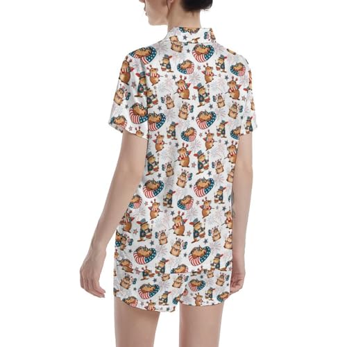 Image of Funny Satin Pajamas Set for Women Button Down Sleepwear Print Pjs Set 2 Piece Short Sleeve Loungewear Gift for Women