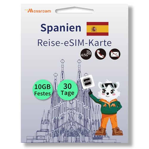 Spanien eSIM-Karte: 10 GB Highspeed-Festnetzdaten, 30 Tage Prepaid-Tarif für Madrid, Hotspot-Unterstützung | Ideal für Reisen. Kein Vertrag, Keine SIM-Karte, Keine Sprachanrufe, Keine SMS