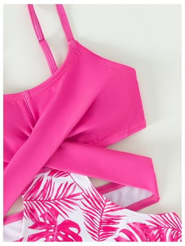 SweatyRocks Girl's Criss Cross Cut Out One Piece Swimsuit Tropical Print Bathing Suit Monokini3