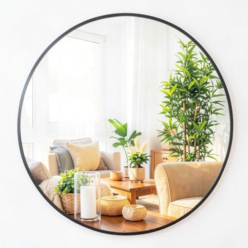 Image of Smartxchoices 36 Inch Large Round Mirror, Metal Frame Wall Mirror Mounted Black Circle Mirrors, Vanity Mirror Modern Minimalist Wall Décor for Entryway, Bathroom, Washrooms, Living Rooms