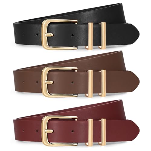 Image of XZQTIVE 3 Pack Women Belts For Jeans Dresses Pants Ladies Leather Waist Belt with Gold Buckle