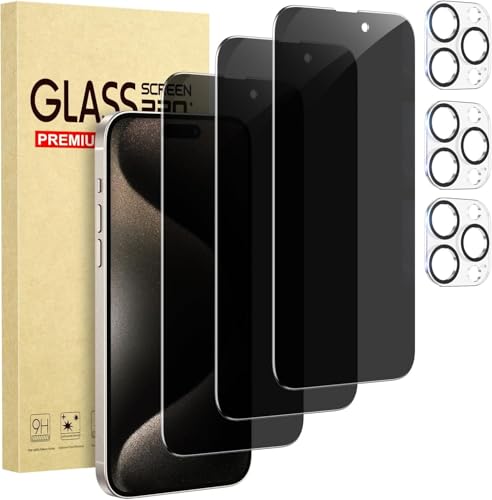 Cutebe 3 Pack Privacy Screen Protector for iPhone 15 Pro Max+3 Pack Camera Lens Protector with Tempered Glass, Touch Sensitive and Case Friendly (iP-15 pro max)