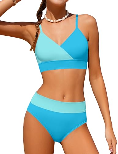 Image of Girls Swimsuit V Neck Bikini Set Color Block with Cover Up 3Pcs Bathing Suits