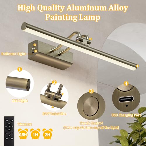 Image of Picture Light for Wall, Antique Brass, 13.8 inch, Remote Control | 4000mAh Cordless,Wall Light, Magnetic for Easy to Charge,Timers, Display for Gallery Living Room Bedroom