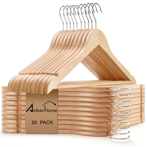 Amber Home 20 Pack Wooden Coat Hangers, Natural Wood Suit Hangers with Non Slip Pant Bar, Clothes Hangers for Shirts, Jackets, Dress, Pant (Natural, 20)