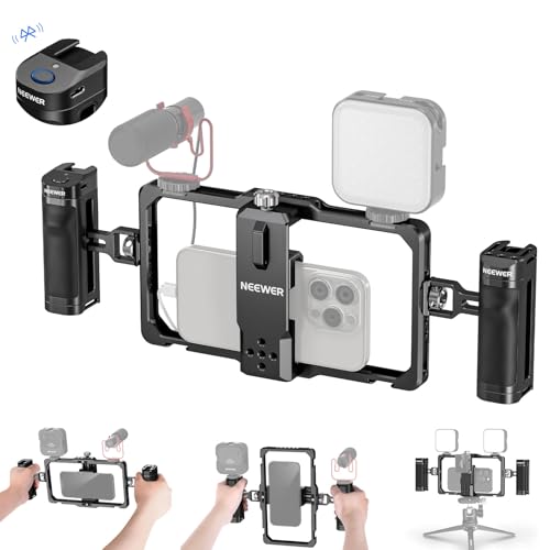 Image of NEEWER Universal Phone Cage Video Rig with Bluetooth Shutter Side Handle Comfort Grips, Smartphone Stabilizer for Video Recording Compatible with iPhone 15 Pro Max 15 Pro Galaxy S24 Ultra, PA009E